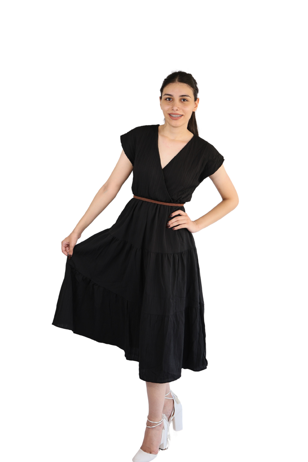 Üç kat büzgülü kiloş siyah elbise