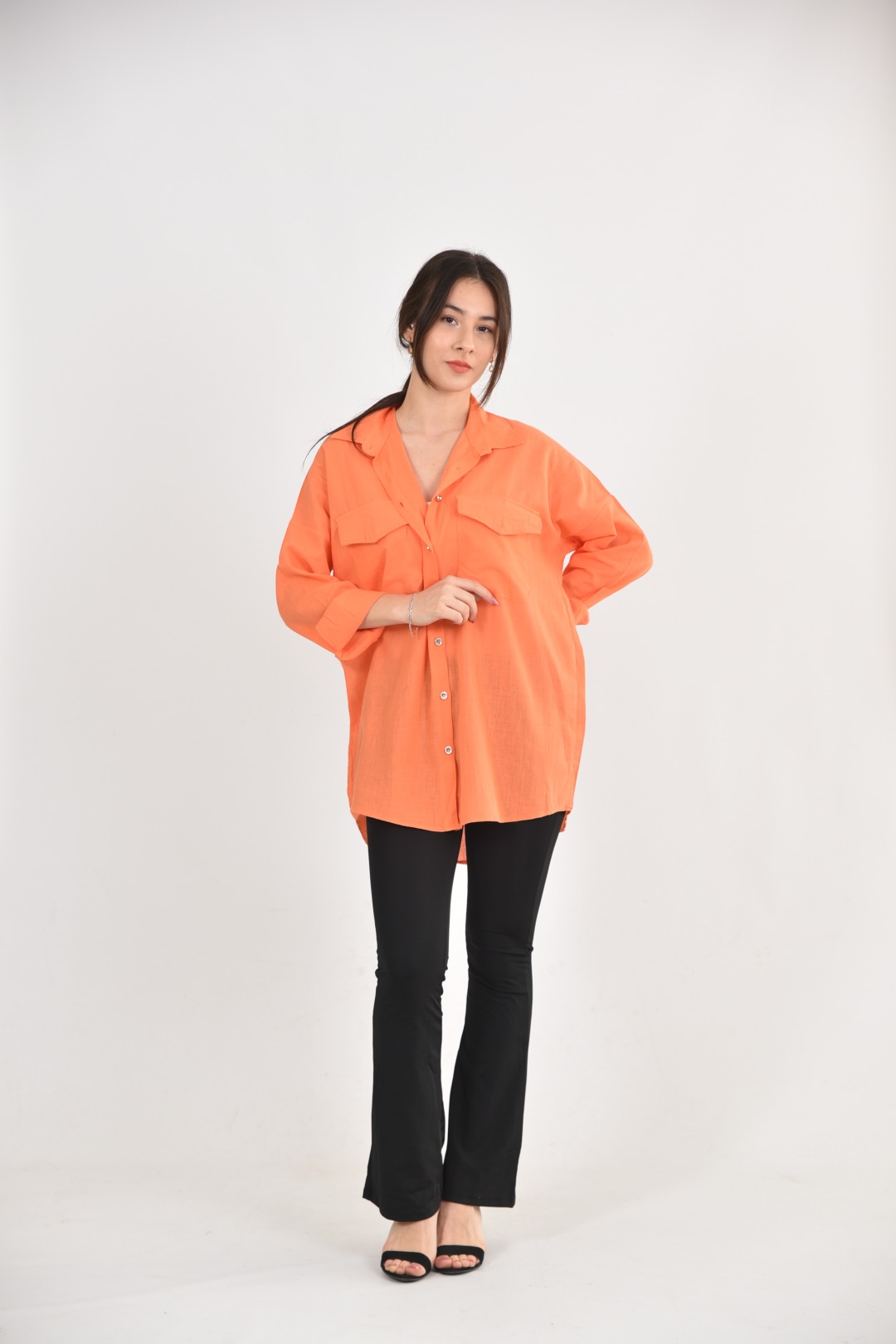 Larmina giyim Salaş keten turunca gömlek