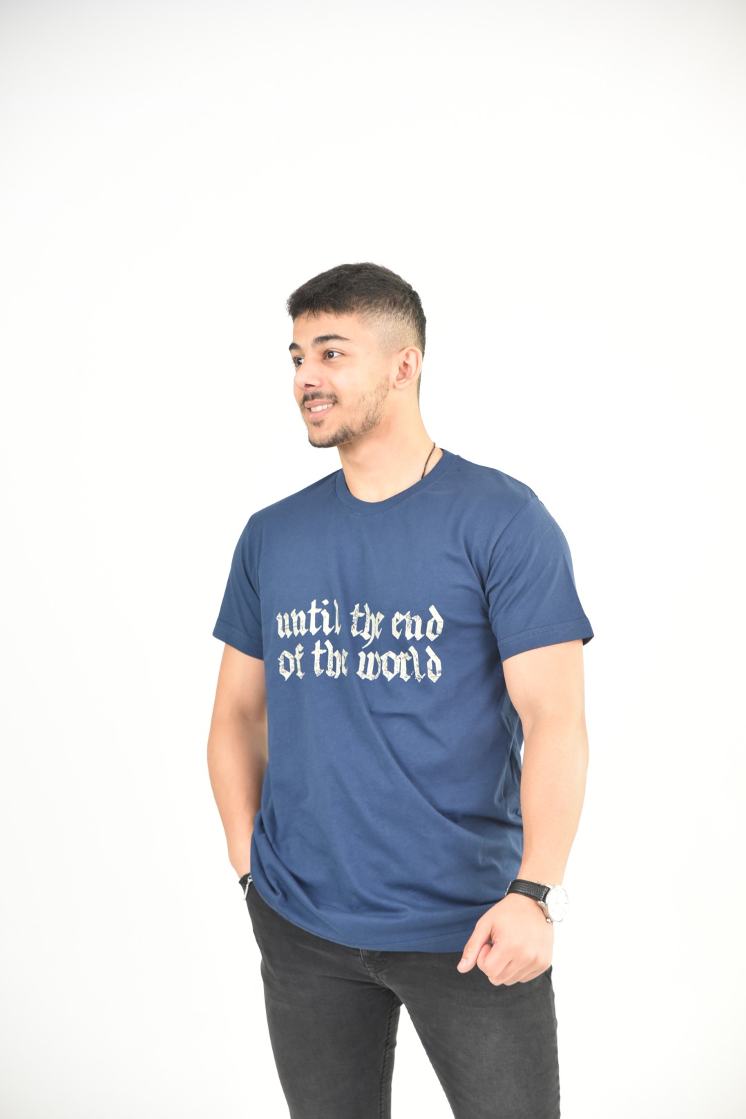 Larmina giyim Bisiklet yaka baskılı indigo T-Shirt