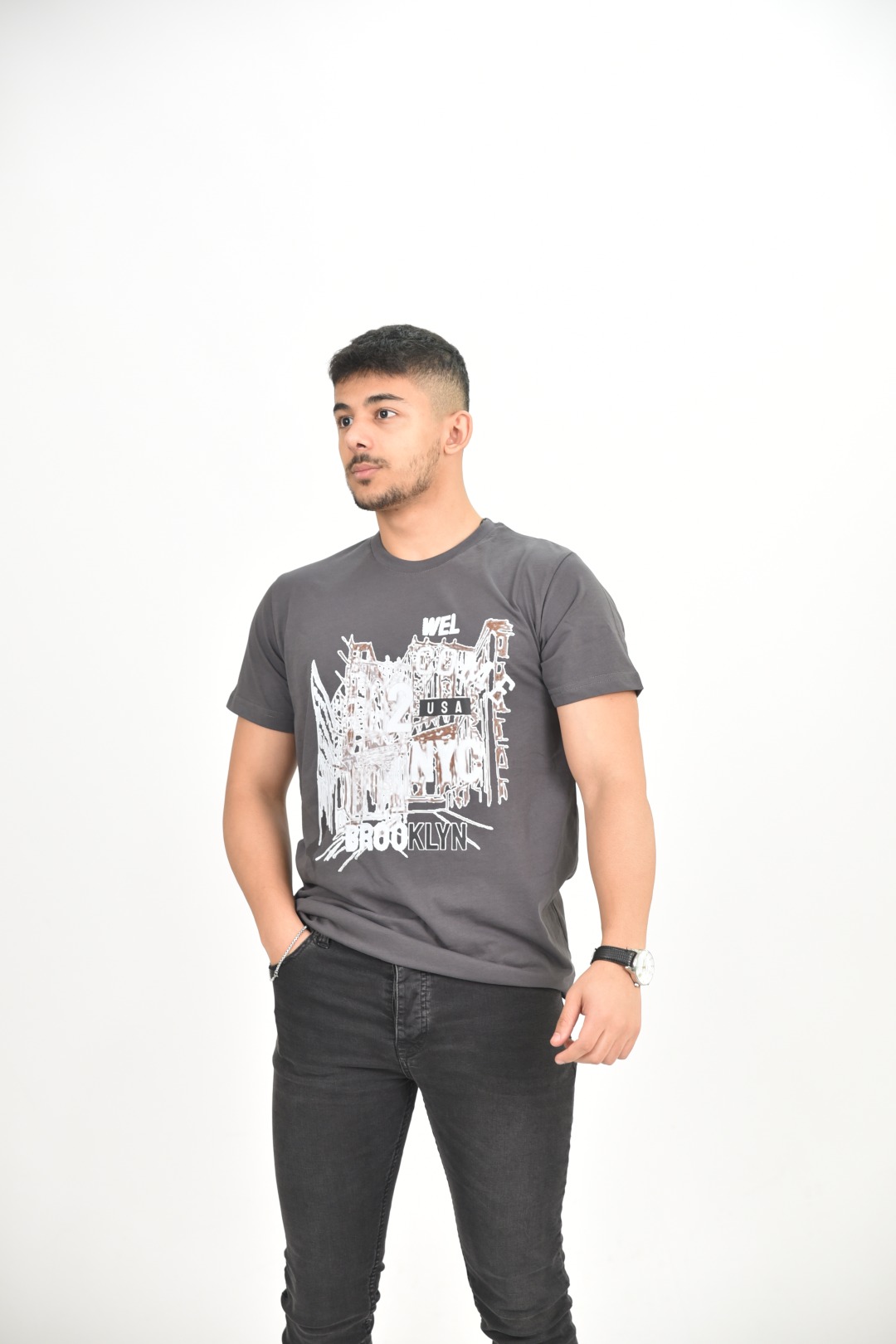 Larmina giyim Bisiklet yaka brooklyn baskılı gri T-Shirt