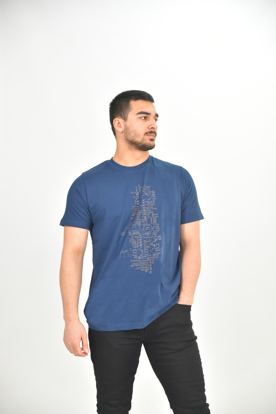 Larmina giyim Bisiklet yaka baskılı indigo T-Shirt