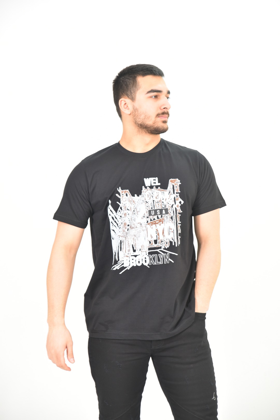 Larmina giyim Bisiklet yaka baskılı siyah T-Shirt