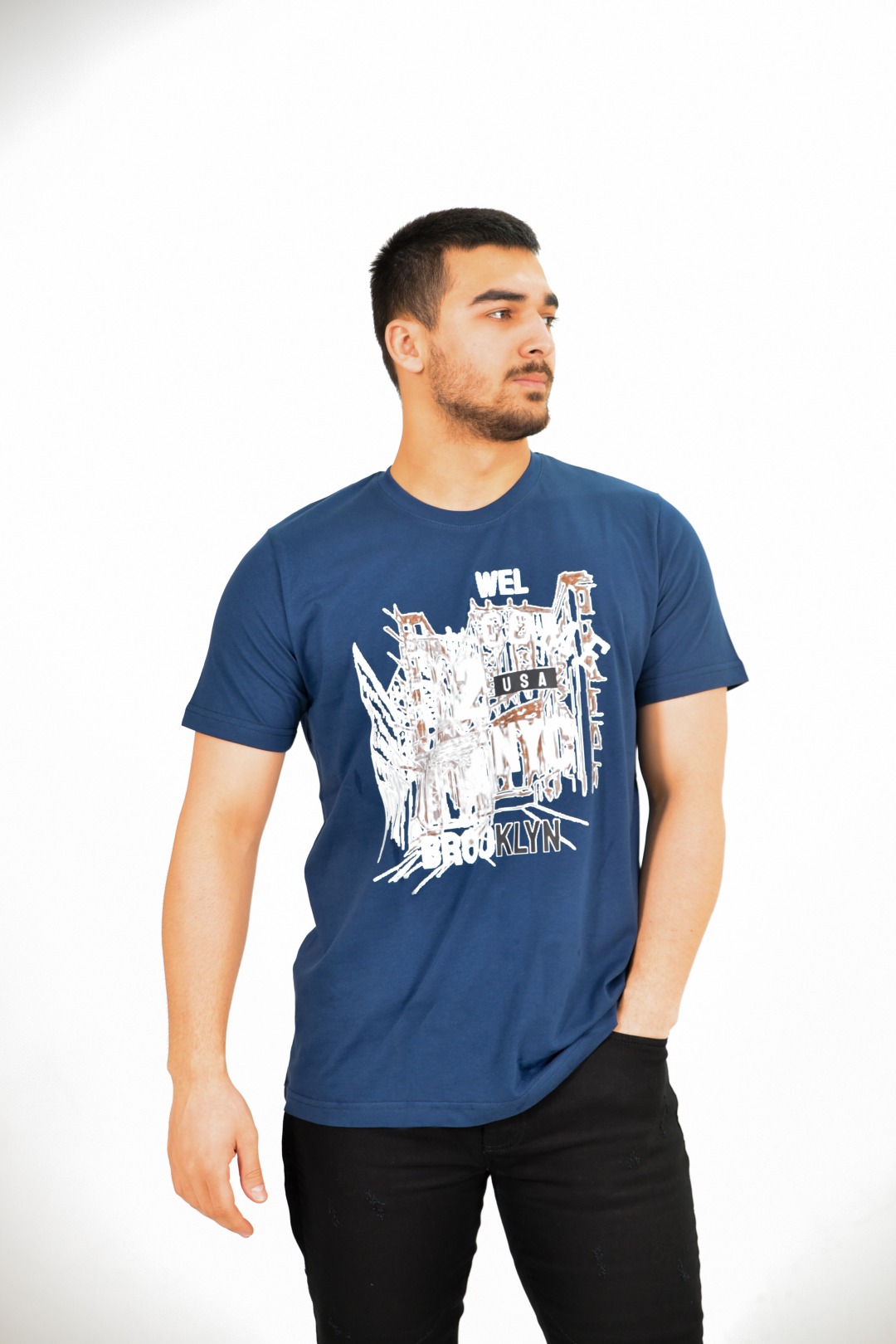 Larmina giyim Bisiklet yaka brooklyn baskılı indigo T-Shirt